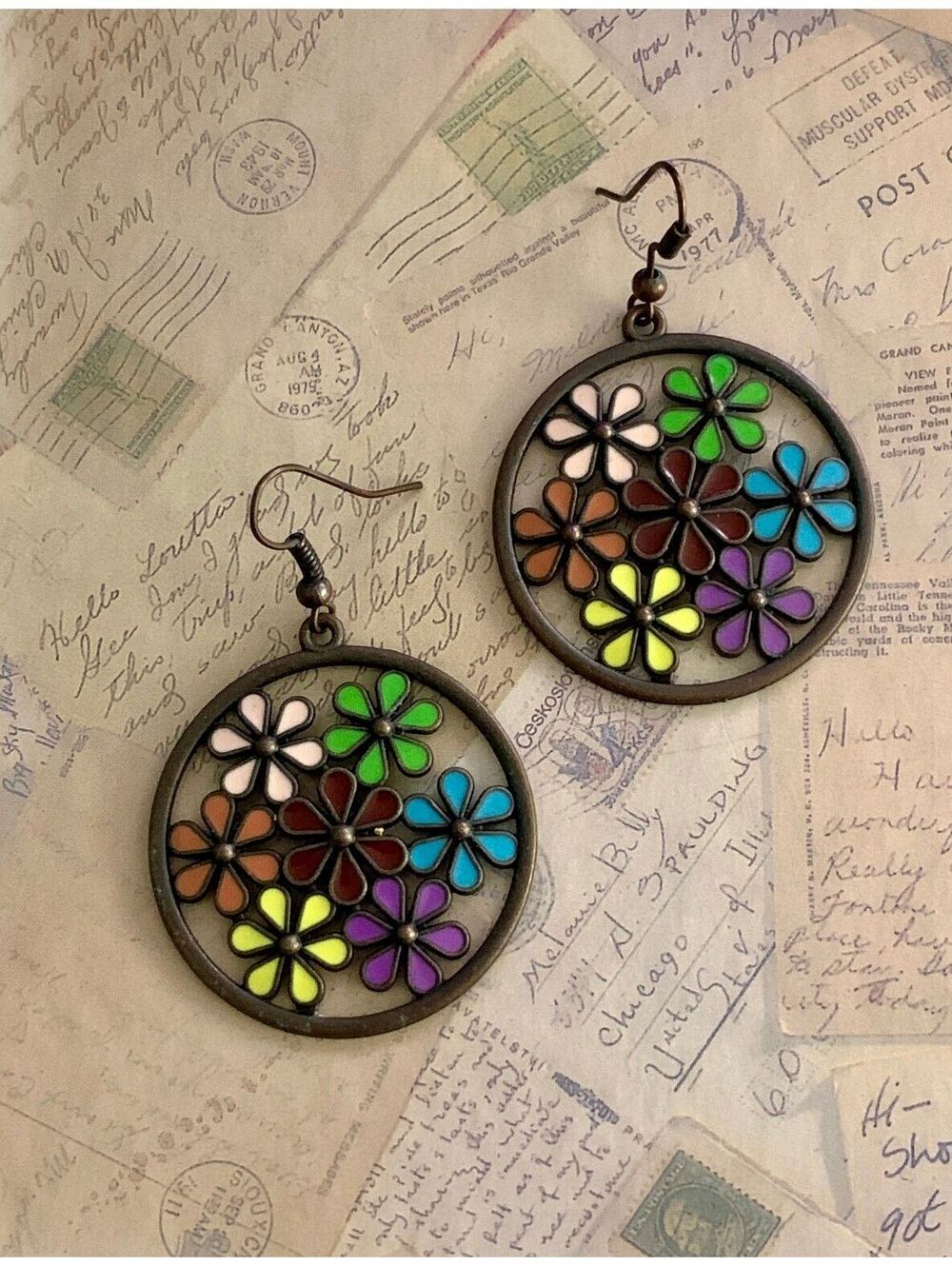 Vintage Colorful Floral Hoop Earrings - Fun, Lightweight, and Eye-Catching!